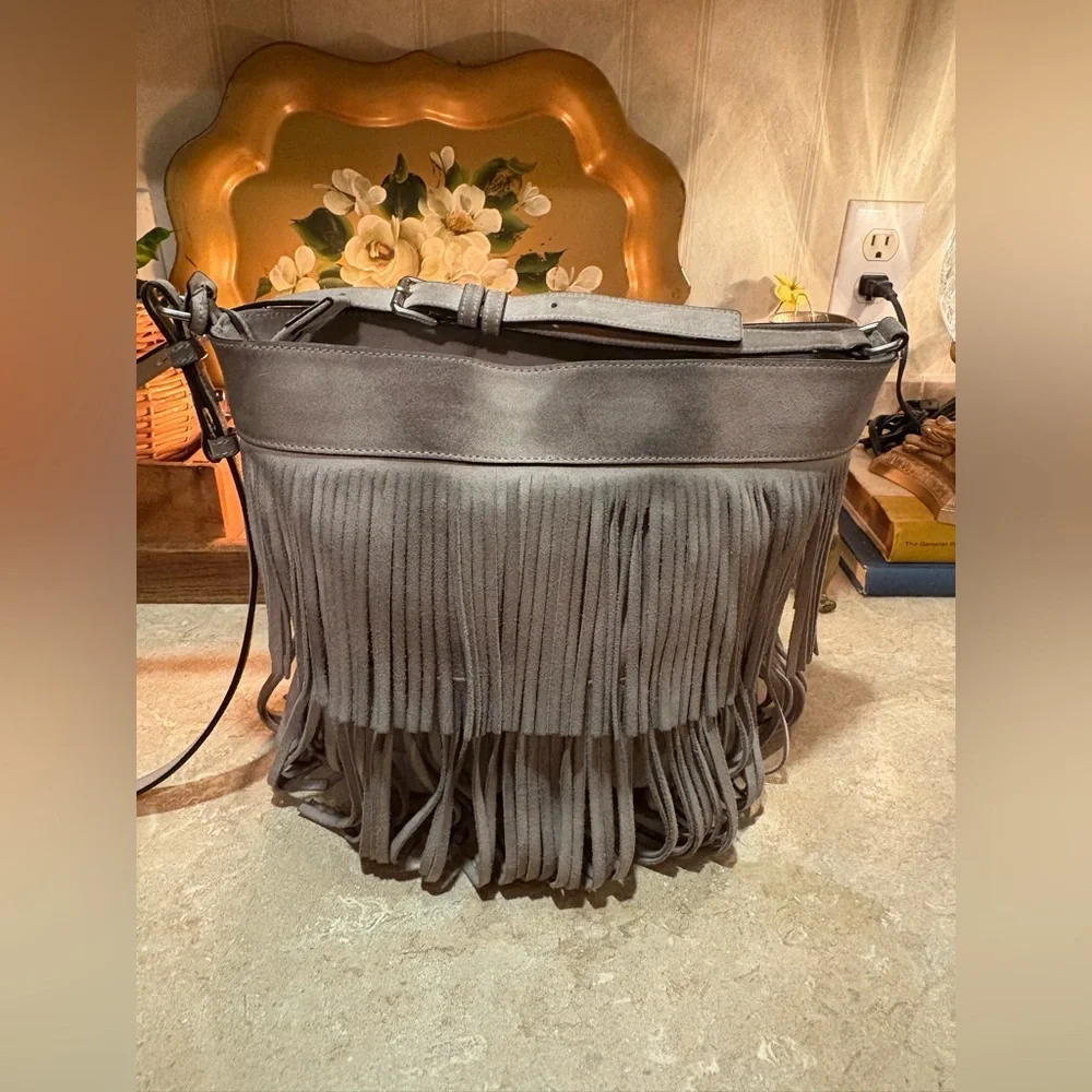 Michael Kors Gray Billy Fringe Crossbody Bag with Studded Detail